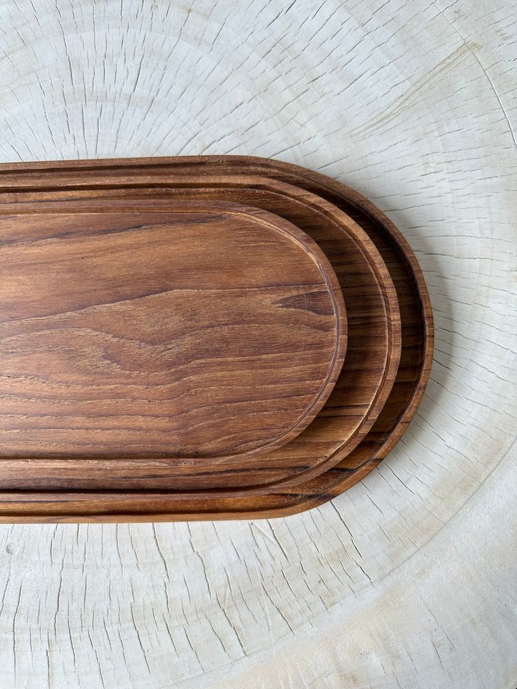 Plats et saladiers - Trio de petits plateaux ou coupelles ovales en teck monoxyle - OFFICE OBJETS