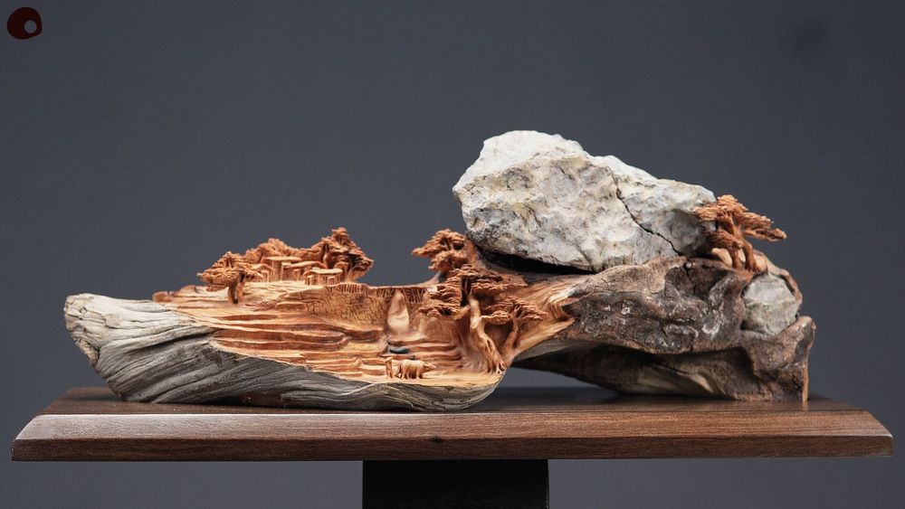 Unique pieces - Wooden village overlooked by a rock - Sculpture - MÙ STUDIO