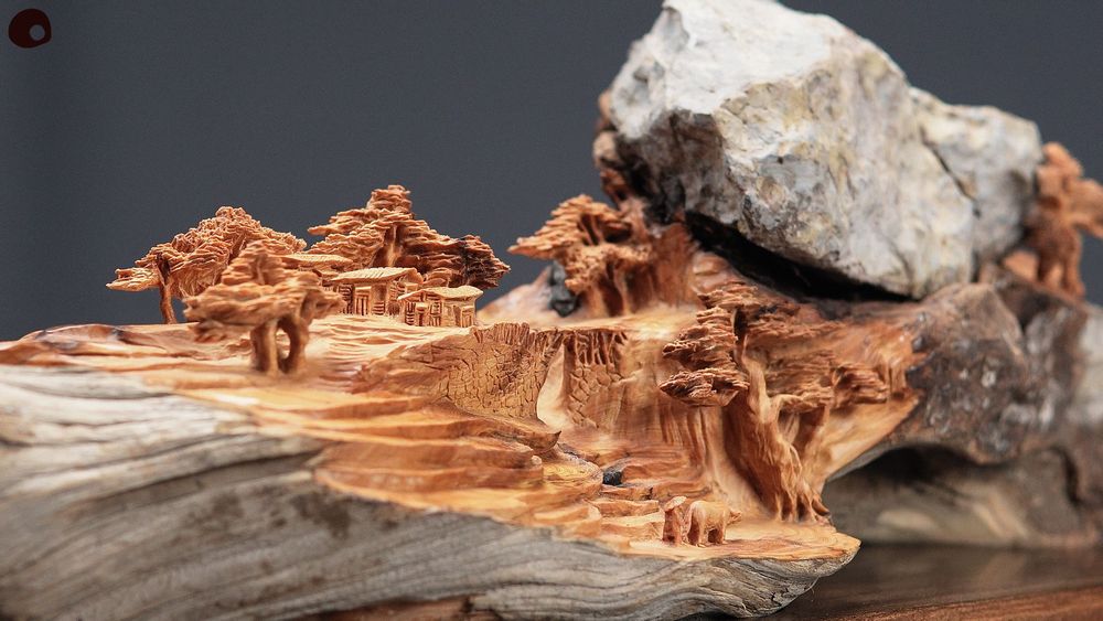 Unique pieces - Wooden village overlooked by a rock - Sculpture - MÙ STUDIO