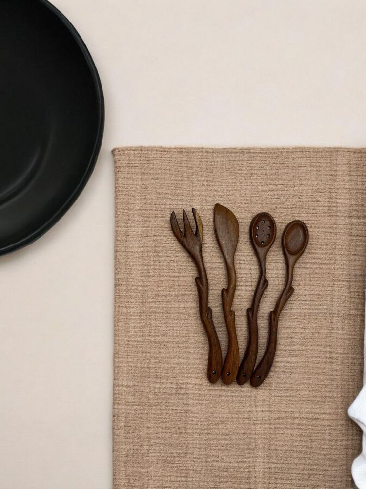 Kitchen utensils - Ostar Sheesham Wood Cutlery Set of 4 –Handcrafted- Sustainable 30cm - MAISON ZOE