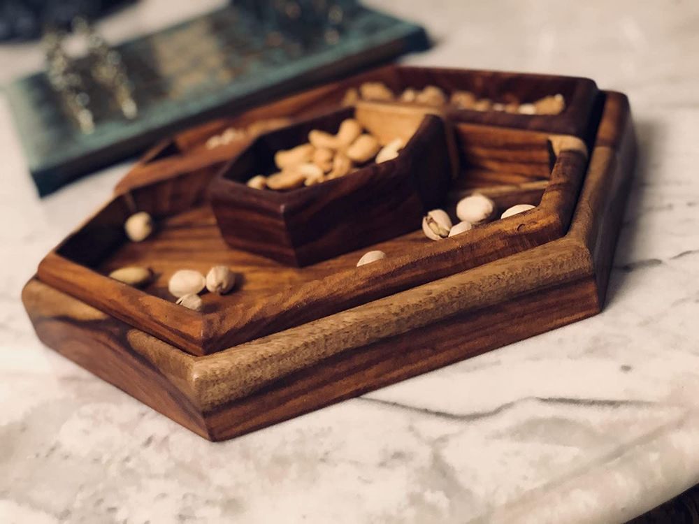 Platter and bowls - Cater Snack Tray – Handmade Sheesham Wood Tray with Four Containers - MAISON ZOE