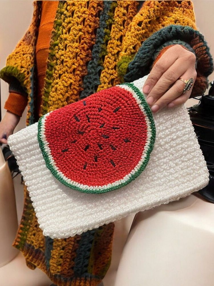 Clutches - Arduna Clutch –Handmade Crochet Fabric in White with Watermelon Design - MAISON ZOE