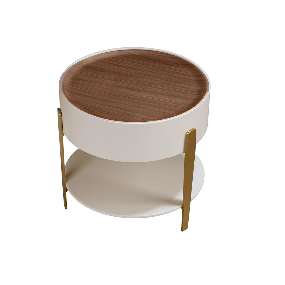 Tables basses - Table d'angle ronde en noyer, bois beige et acier poli plaqué or - ANGEL CERDÁ