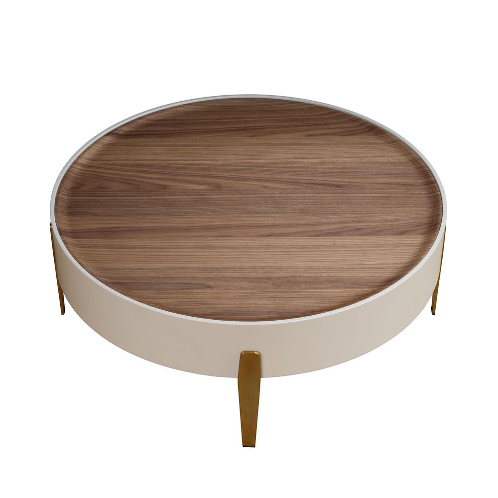Tables basses - Table basse ronde en noyer, bois beige et acier poli doré - ANGEL CERDÁ