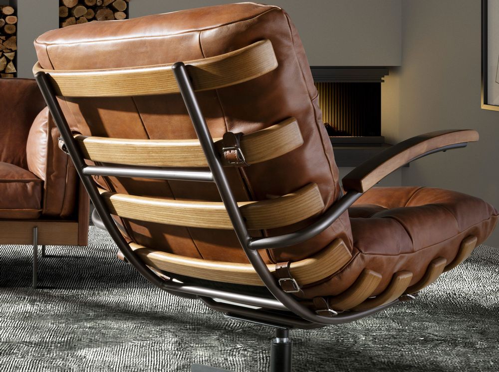 Lounge chairs - Dark brown leather and walnut swivel armchair - ANGEL CERDÁ