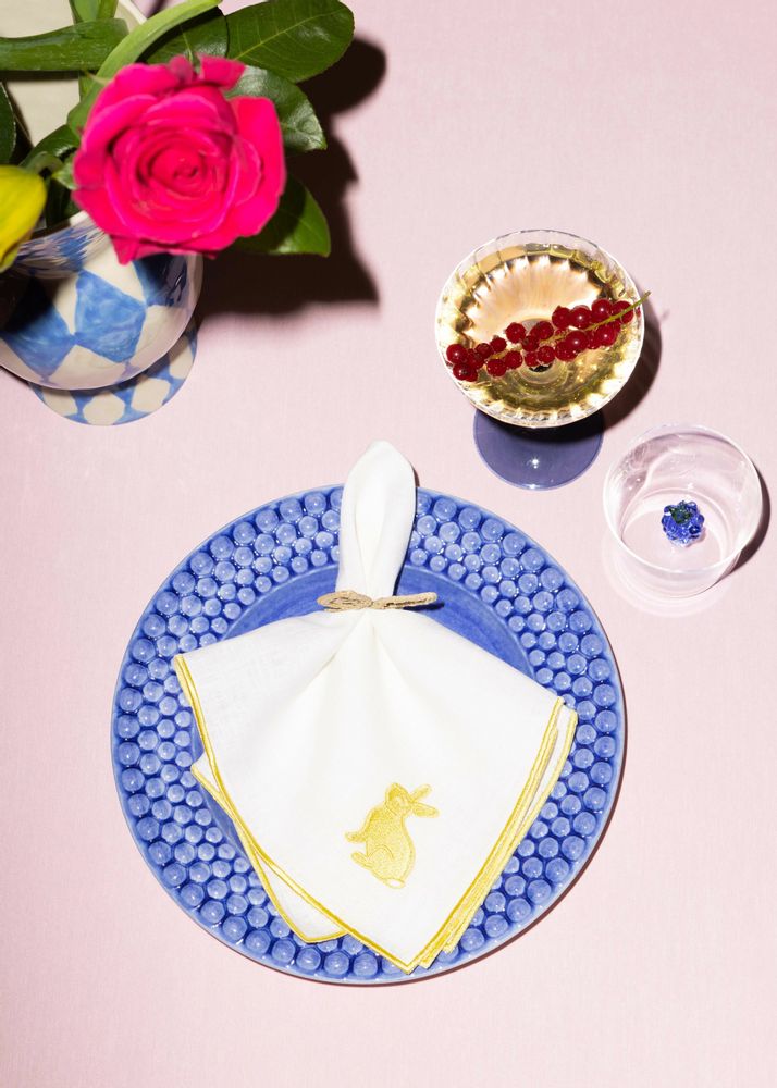 Serviettes - Lapin de serviette de Pâques Evergreen | Lin blanc et jaune - lot de 2 - BLANK SPACE AMSTERDAM