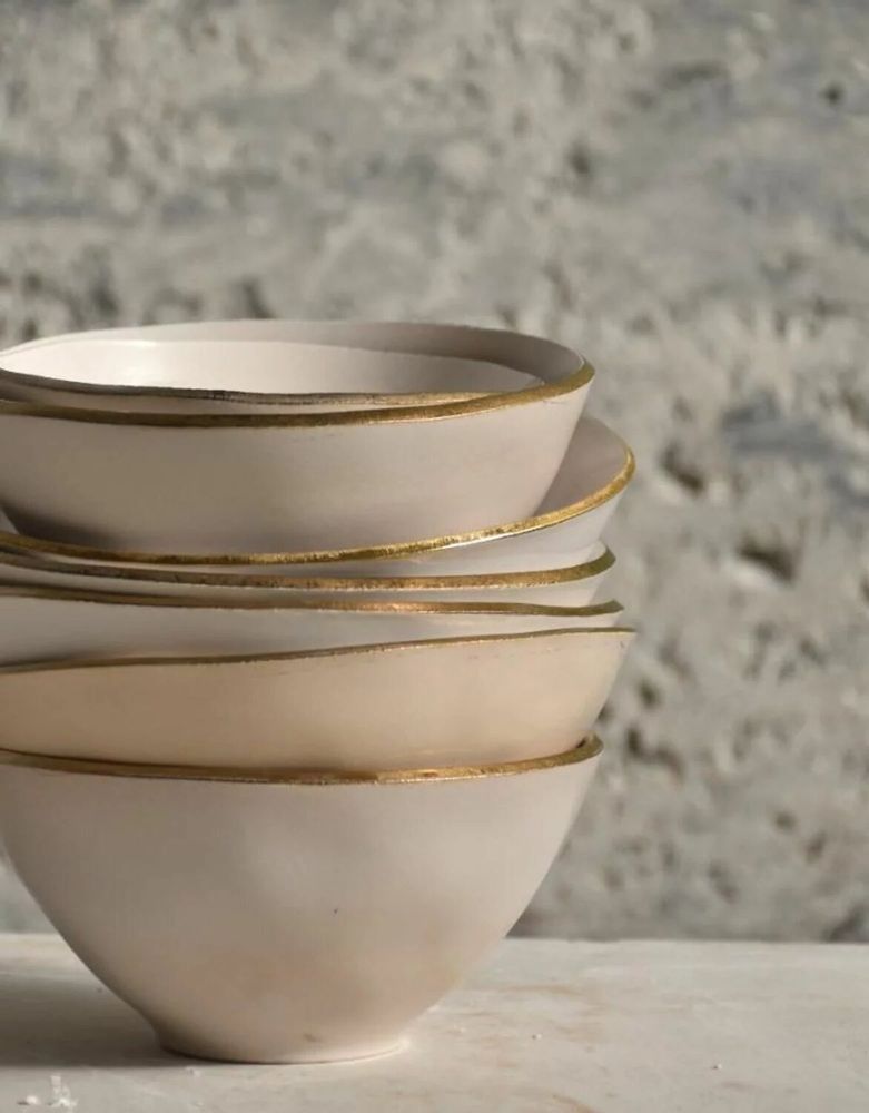 Platter and bowls - Bowls SUN. Portuguese ceramics. Ivory&Gold edging - SOWL