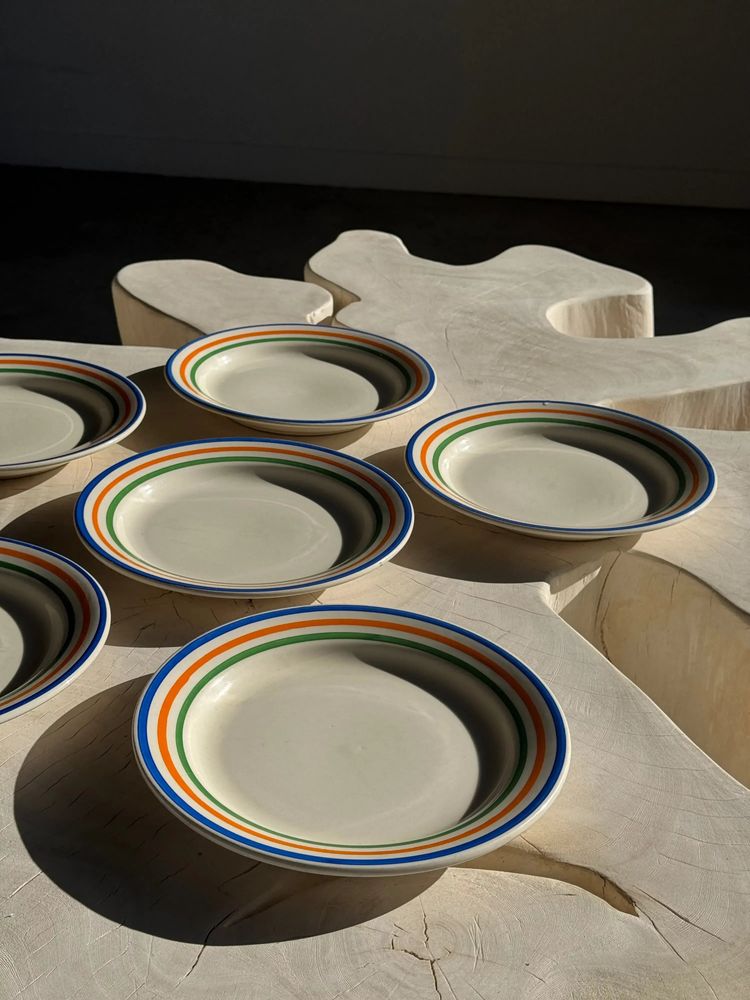 Everyday plates - 6 plates made in Romania with green orange blue edging - OFFICE OBJETS