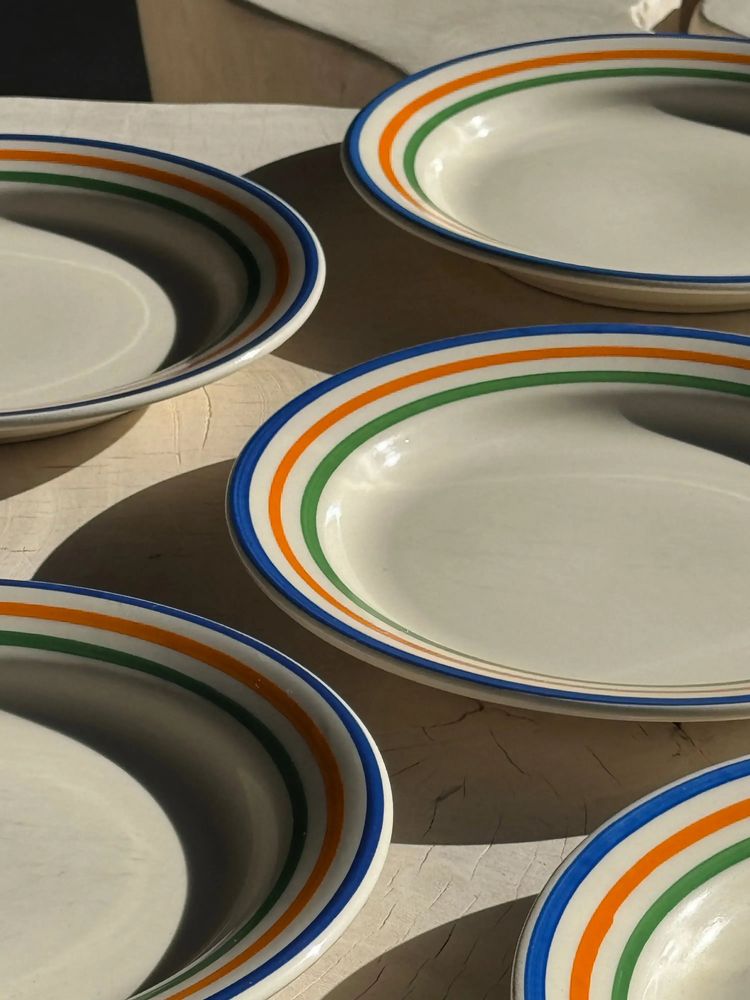 Everyday plates - 6 plates made in Romania with green orange blue edging - OFFICE OBJETS