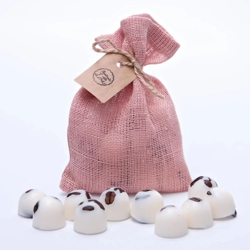 Bougies - Fondants de cire naturelle parfumés dans un sachet en lin de 10 chacun, vanille et café, sac blanc - BEAUTY SCENTS CANDLES