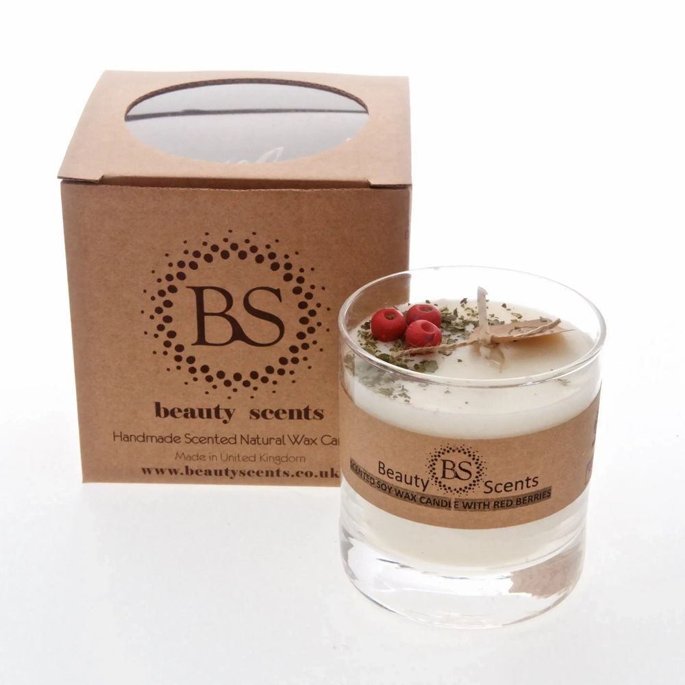 Candles - Large Scented Soy Wax Candle With Red Berries In Glass Container box of 6, Strawberry - BEAUTY SCENTS CANDLES