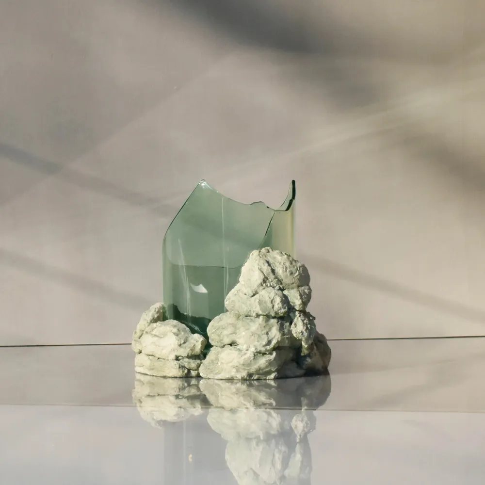 Vases - CATHARSIS, Sculptural Centerpiece Bowl in glass and stone, Soft Sage - COKI