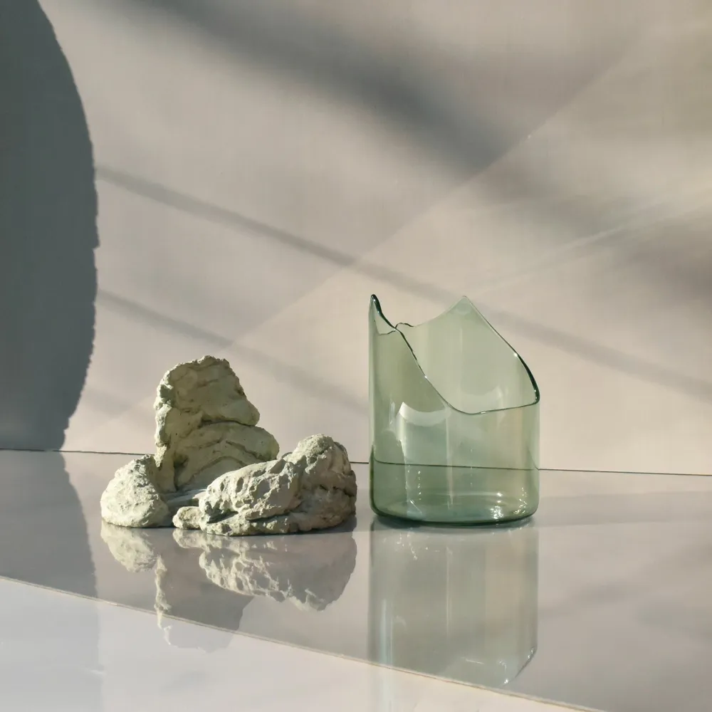 Vases - CATHARSIS, Sculptural Centerpiece Bowl in glass and stone, Soft Sage - COKI