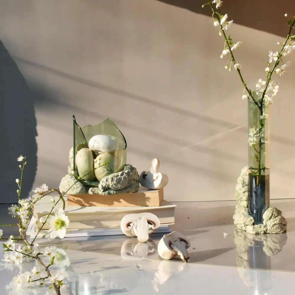 Vases - CATHARSIS, Sculptural Centerpiece Bowl in glass and stone, Soft Sage - COKI