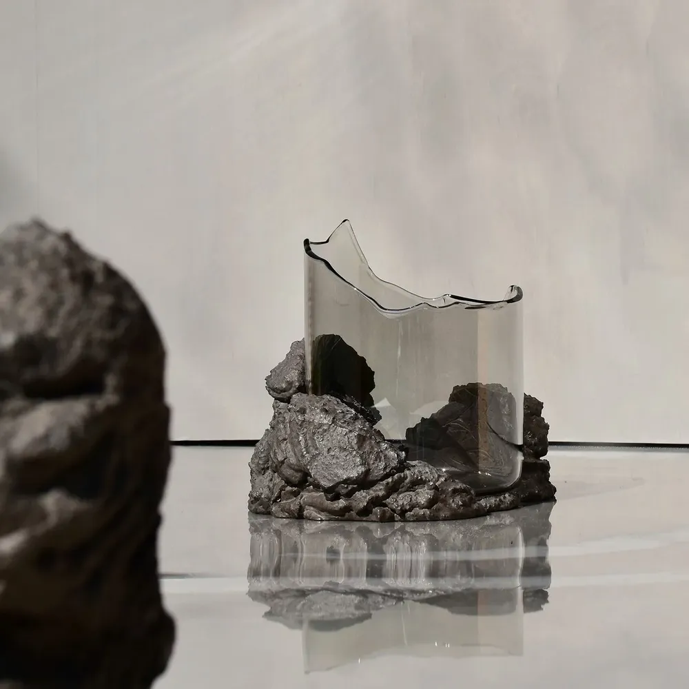 Vases - CATHARSIS, Sculptural Centerpiece Bowl in glass and stone, Soft Sage - COKI