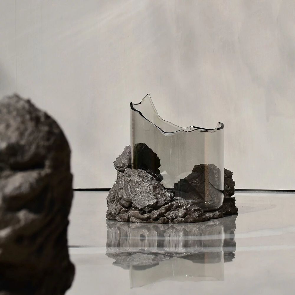 Vases - CATHARSIS, Sculptural Centerpiece Bowl in glass and stone, Soft Sage - COKI