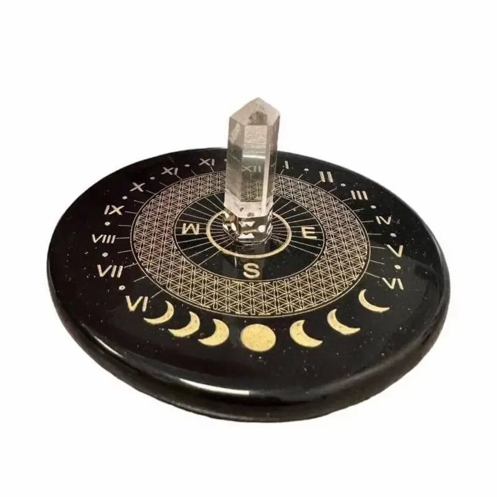 Bijoux - Plaque Onyx noir fleur de vie avec cristal de roche 8cm - ARABESK