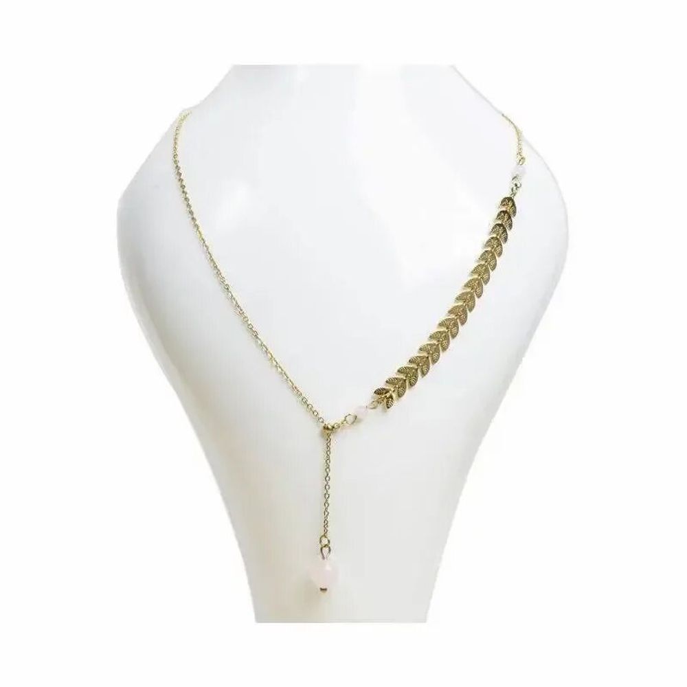 Bijoux - Collier chaine Plume Doré en Forme Y Acier Inoxydable Quartz Rose A 8mm - ARABESK