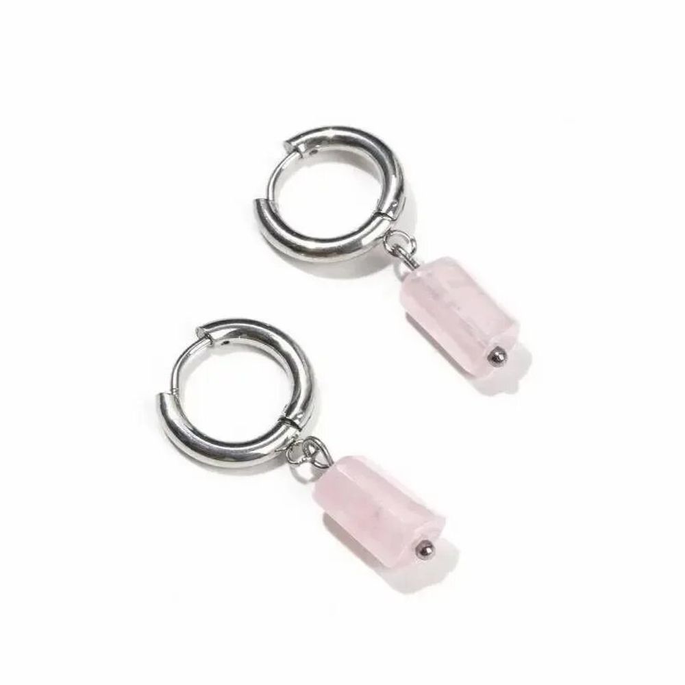 Jewelry - Silver Cylinder Earrings in Stainless Steel Rose Quartz A 11mm - ARABESK