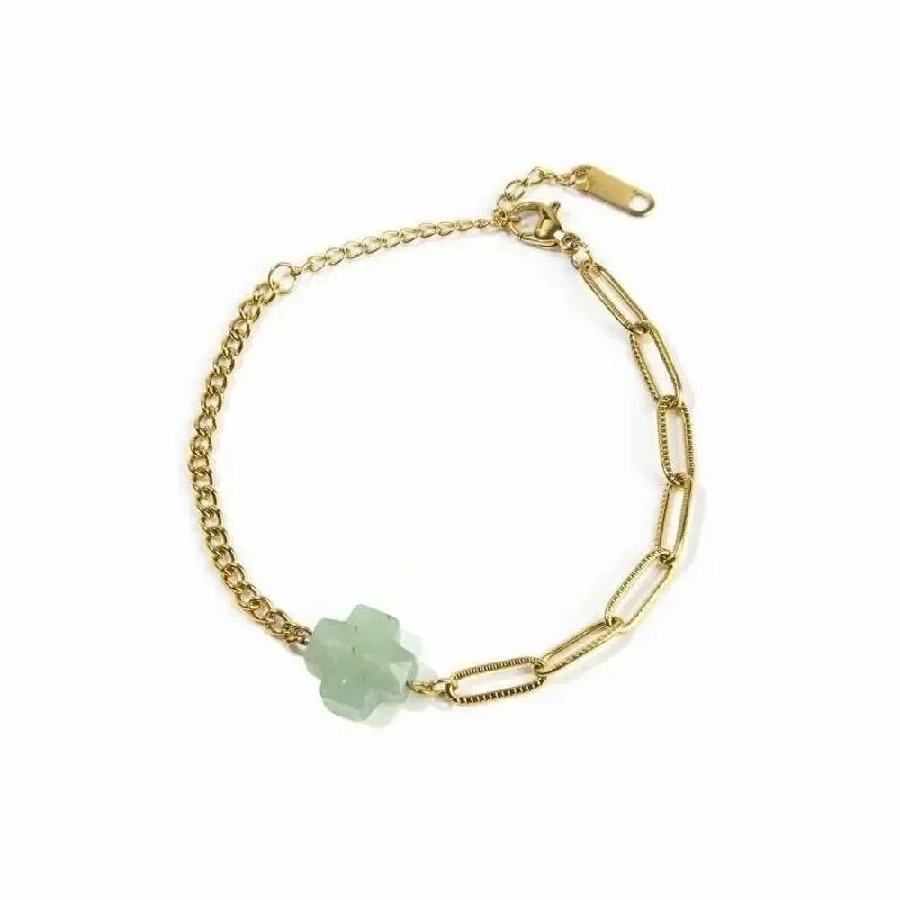 Bracelets - Green Aventurine Cross Bracelet A in Gold Stainless Steel 16cm - ARABESK