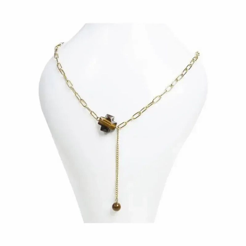 Jewelry - Gold Stainless Steel Chain Necklace with Faceted Tiger's Eye Cross Pendant - ARABESK