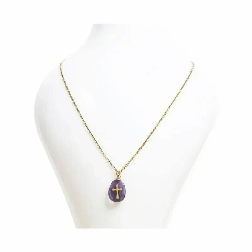 Jewelry - Gold Stainless Steel Amethyst A & Cross Chain Necklace - ARABESK
