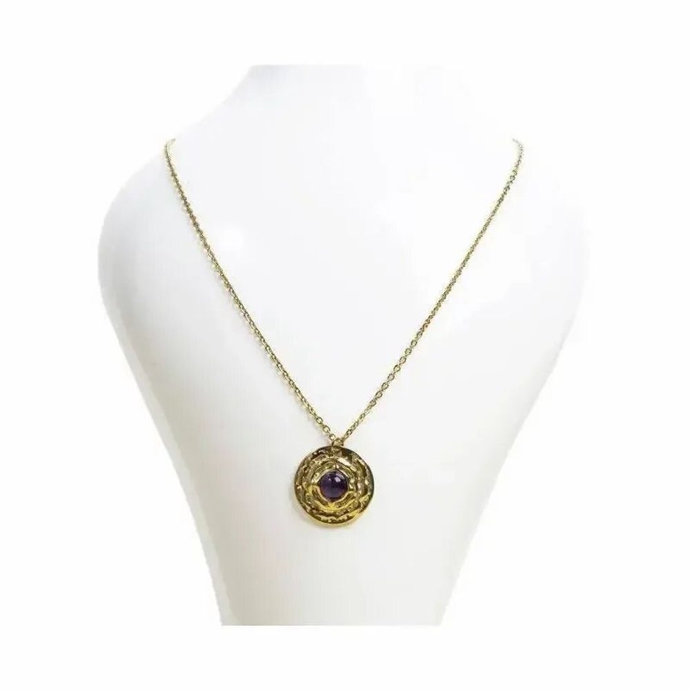 Jewelry - Gold Stainless Steel Necklace with Round Amethyst Pendant A - ARABESK