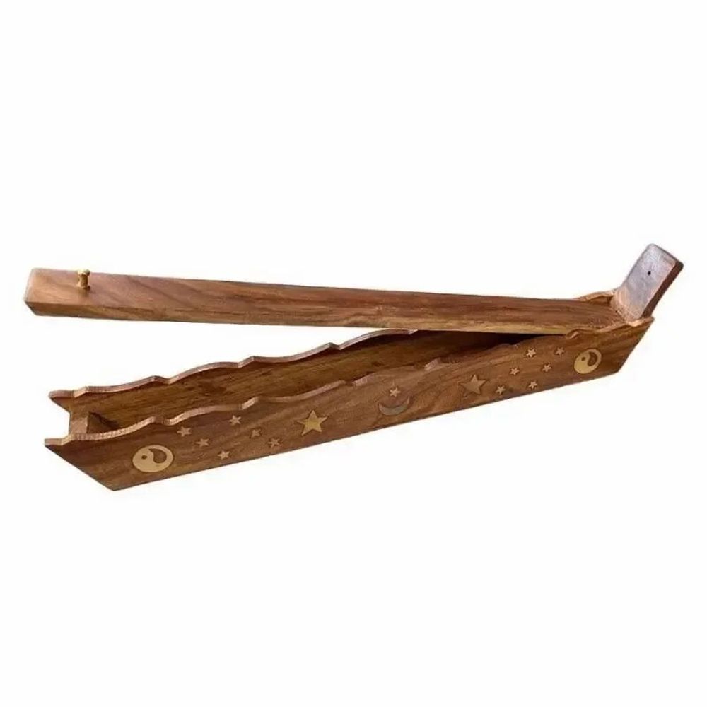 Senteurs - Porte Encens Boite en Bois de Sheesham Lune Etoiles Ying Yang 30cm x2 - ARABESK