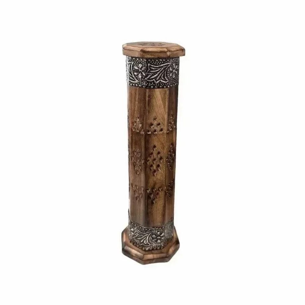 Scents - Octagonal Tower Incense Holder in Mango Wood and Metal 30cm x2 - ARABESK