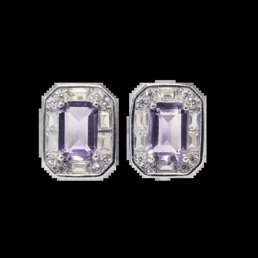 Jewelry - 925 Silver Square Earrings Amethyst and Faceted Rhinestone AA 4x6mm - ARABESK