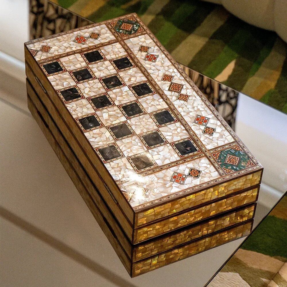 Gifts - Mother of Pearl and Olive Wood Backgammon & Chess Board Set - MAISON ROSHI - LUXURY ENTERTAINMENT CABINETS