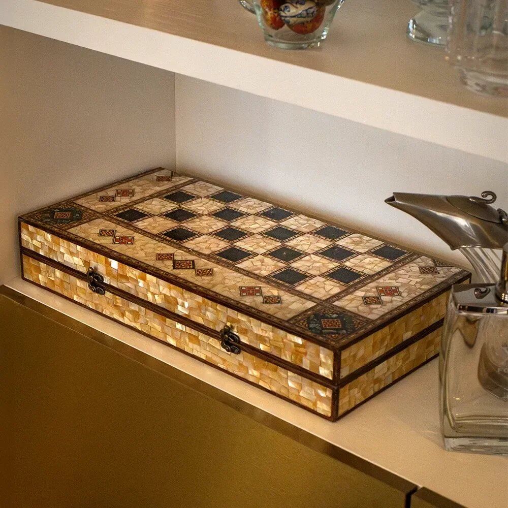 Gifts - Mother of Pearl and Olive Wood Backgammon & Chess Board Set - MAISON ROSHI - LUXURY ENTERTAINMENT CABINETS