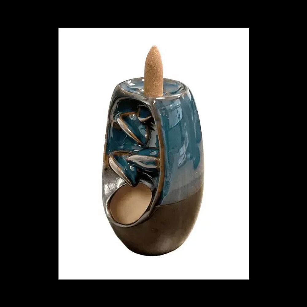 Senteurs - Porte Encens Backflow Céramique Marron et Bleu Cascade de Feuilles 13cm - ARABESK