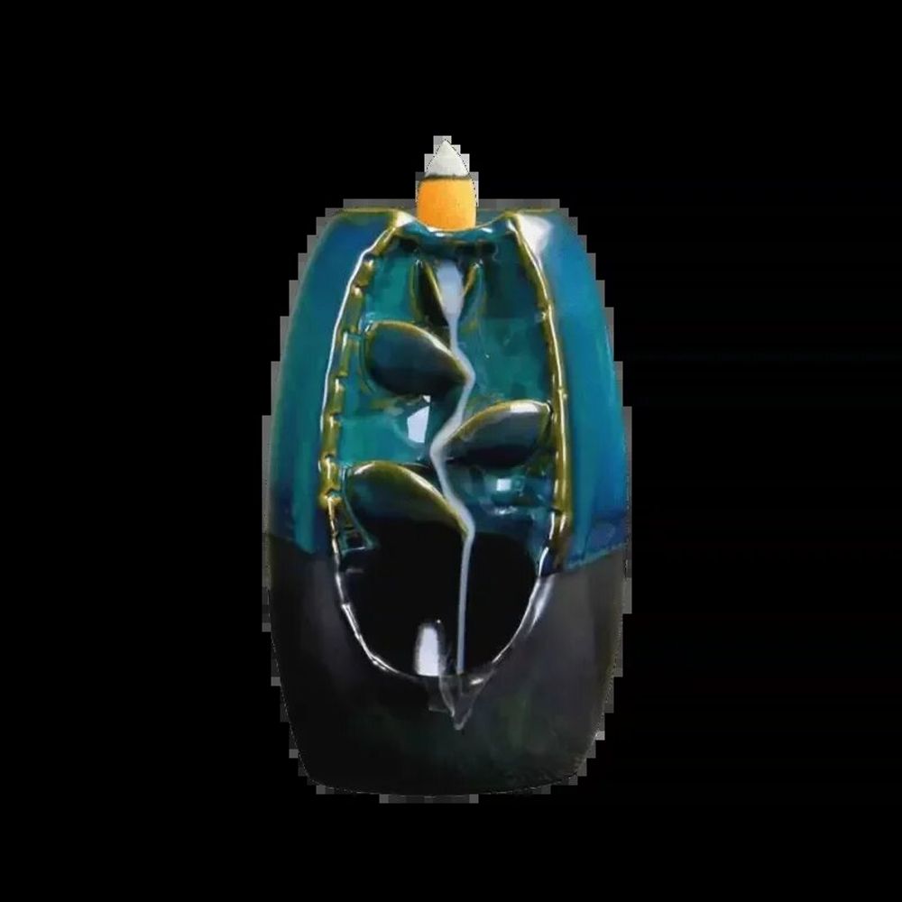 Senteurs - Porte Encens Backflow Céramique Marron et Bleu Cascade de Feuilles 13cm - ARABESK