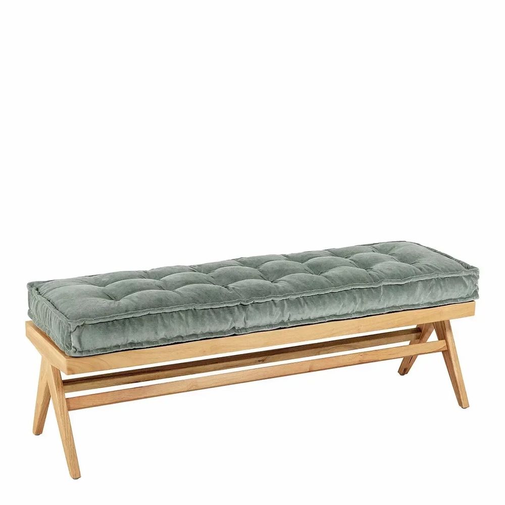Benches - MENA bench verdigris velvet rubberwood blond wood finish 150x45x50 - BLANC D'IVOIRE