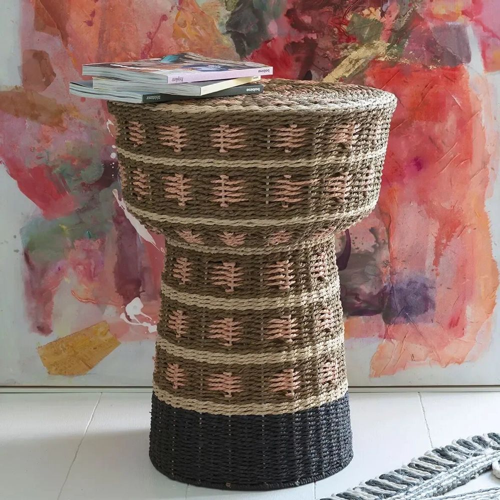 Bancs - Bout de canapé JAYA corde de papier kaki jaune et noir dia 42x51 - BLANC D'IVOIRE