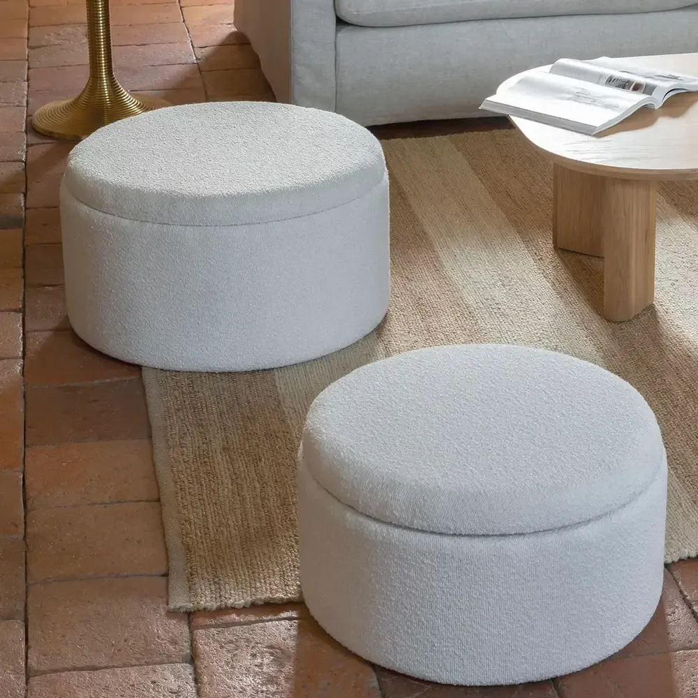 Ottomans - Set of 2 RILA poufs in cream French terry fabric, 62x36.5 and 50x29  - BLANC D'IVOIRE