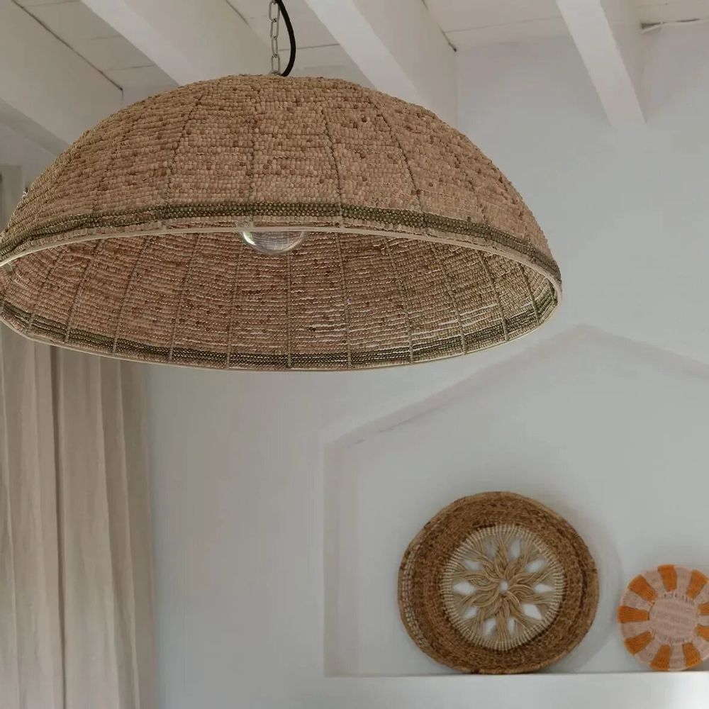 Hanging lights - GAYA suspension natural and golden wooden beads dia 65x26 - BLANC D'IVOIRE
