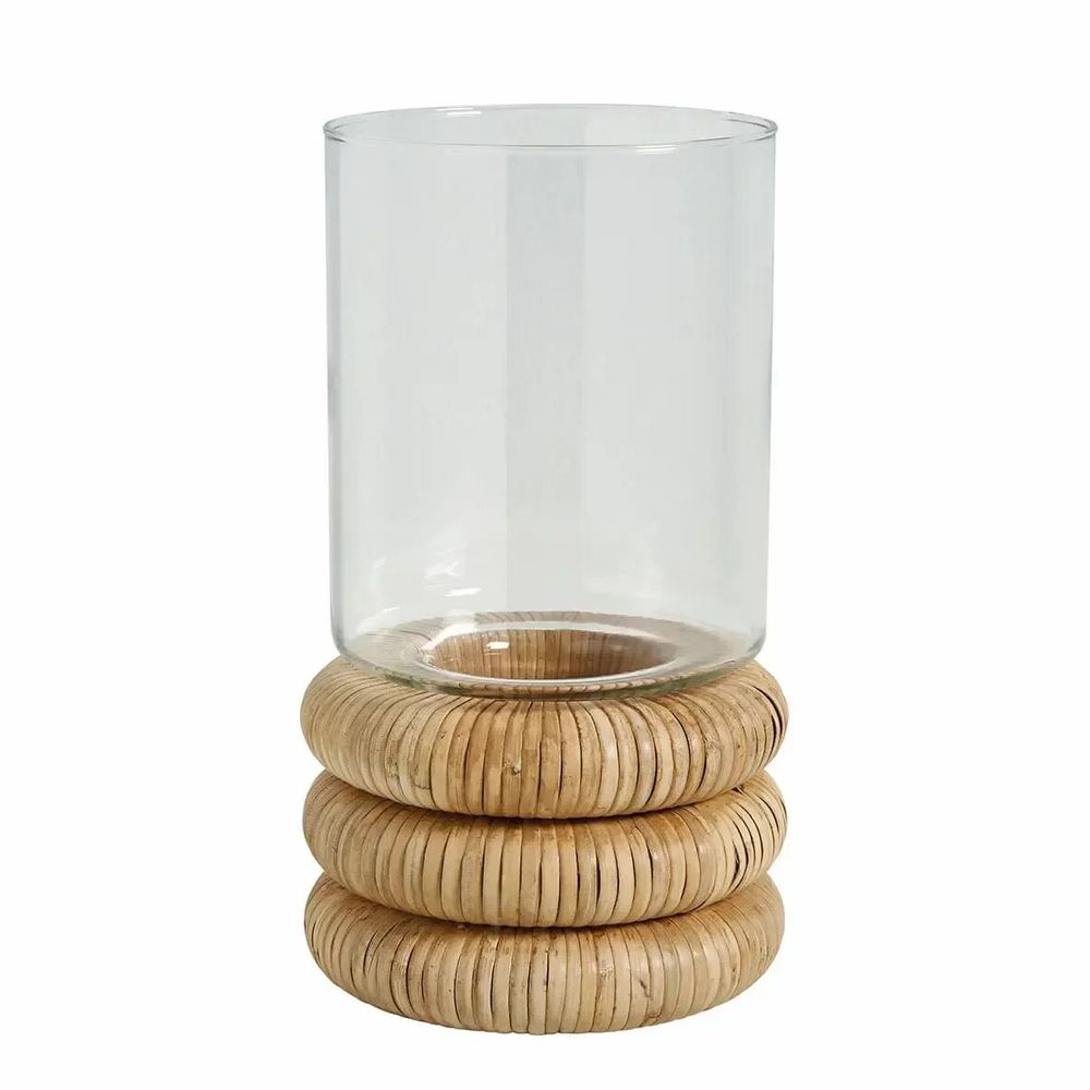Bougeoirs et photophores - Photophore BOLINE verre et rotin naturel dia 16x28,5 - BLANC D'IVOIRE
