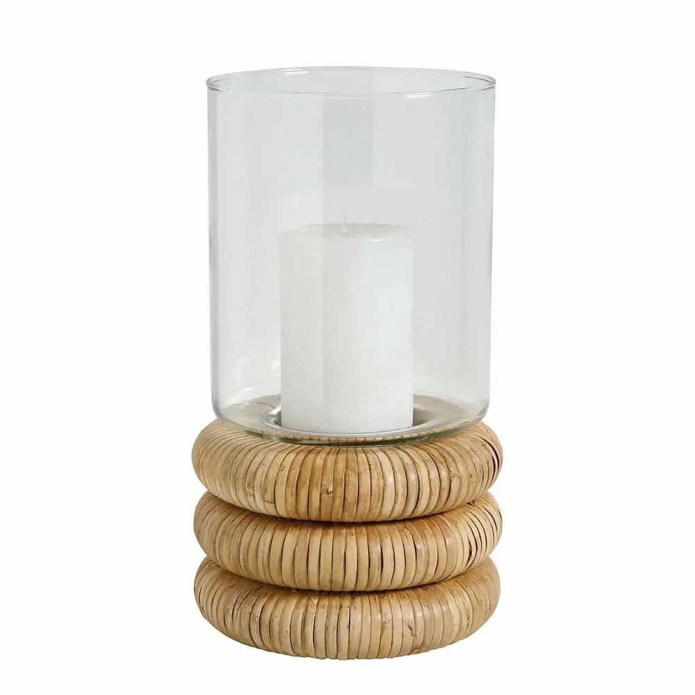 Bougeoirs et photophores - Photophore BOLINE verre et rotin naturel dia 16x28,5 - BLANC D'IVOIRE