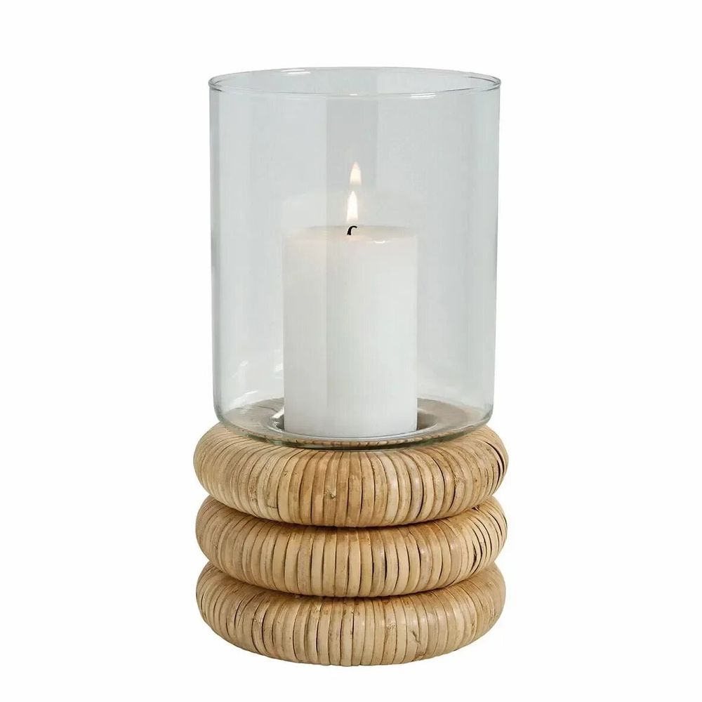 Bougeoirs et photophores - Photophore BOLINE verre et rotin naturel dia 16x28,5 - BLANC D'IVOIRE