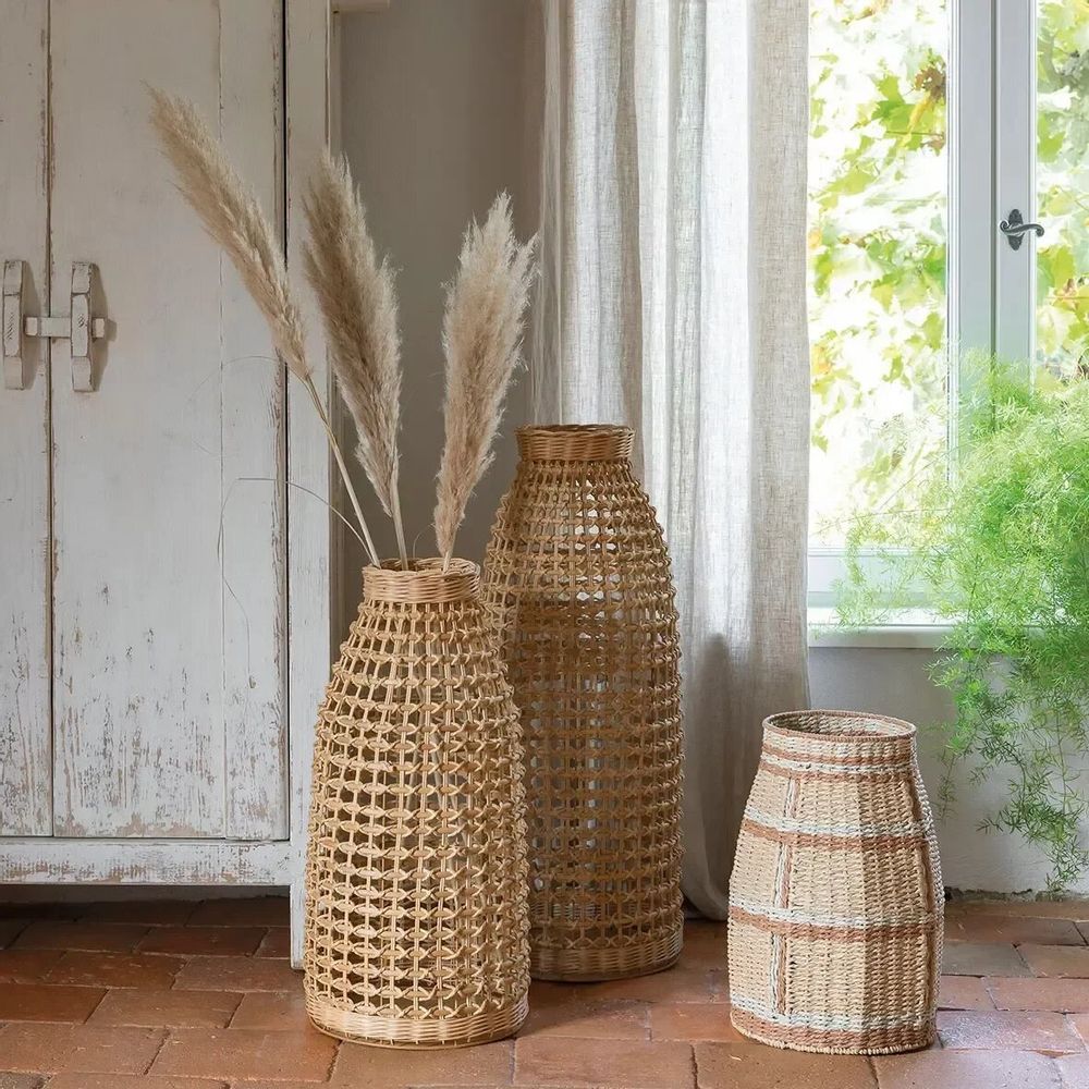 Vases - Vase décoratif HOKA corde de papier naturel bronze et vert d'eau dia 20x40 - BLANC D'IVOIRE