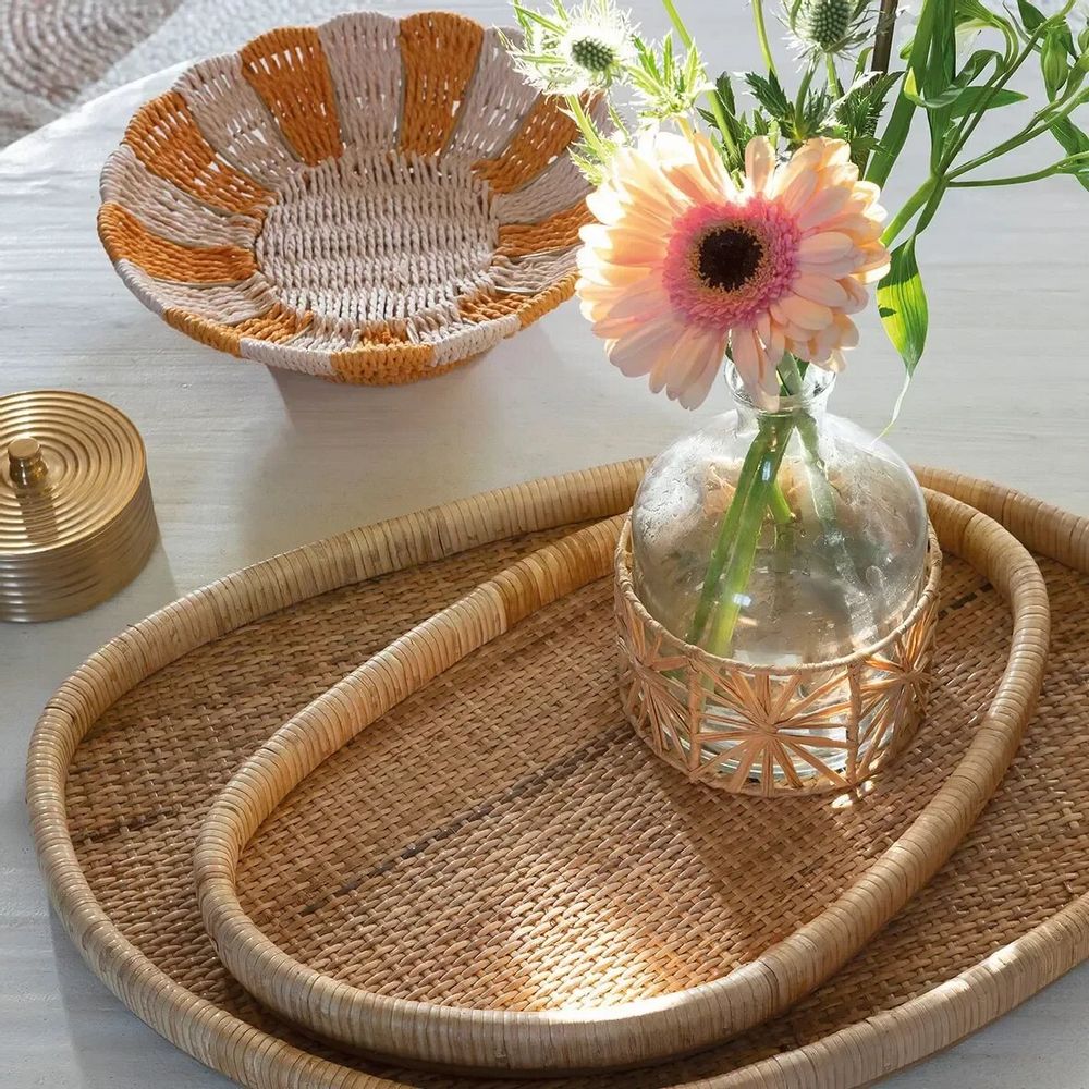 Decorative objects - Set of 3 GALIA natural rattan trays 60x40, 52.5x34.5 and 45.5x28 - BLANC D'IVOIRE