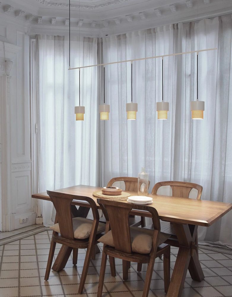 Hanging lights - KAN linear hanging lamp in white with 5 shades in cotonet sand - LUXCAMBRA