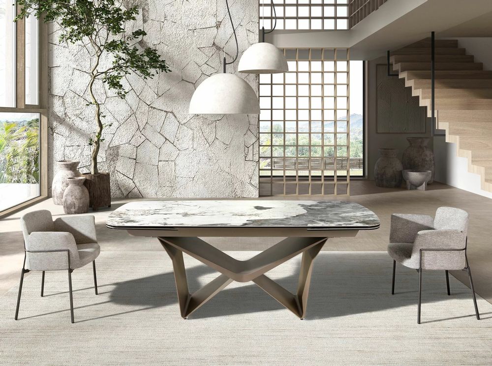 Dining Tables - Oval barrel-shaped extendable dining table in porcelain marble and cha - ANGEL CERDÁ
