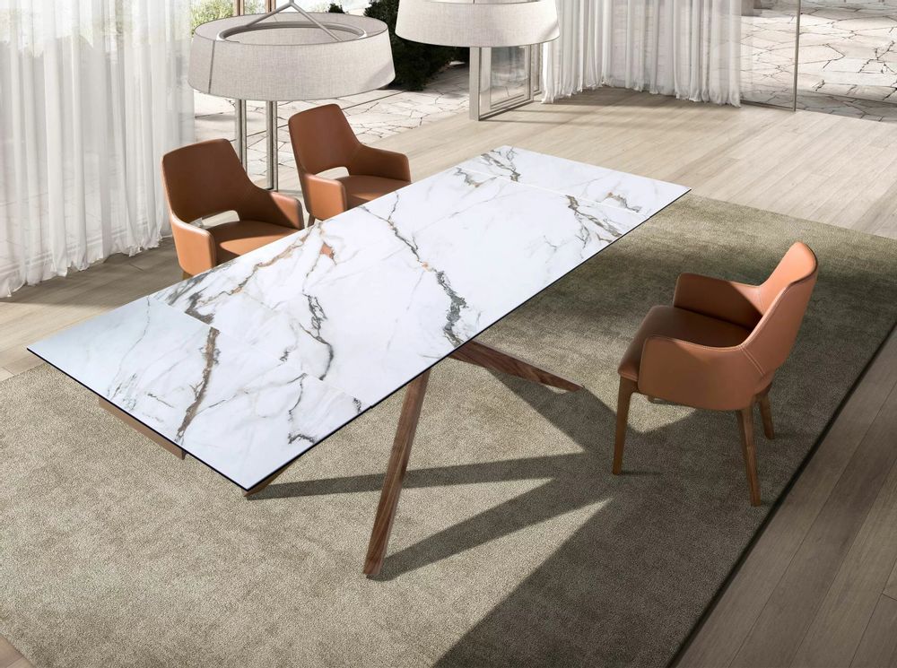 Dining Tables - Rectangular extendable dining table in porcelain marble and walnut - ANGEL CERDÁ