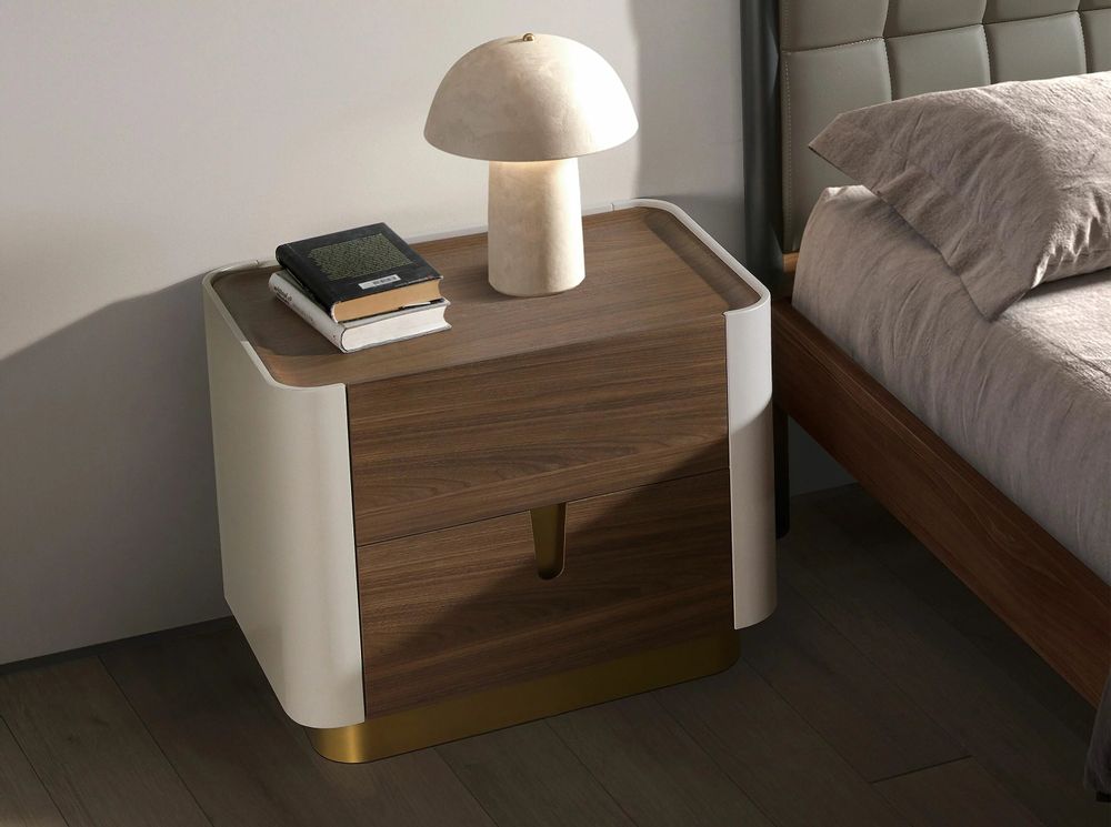 Night tables - Bedside table walnut, beige, golden polished steel and walnut top - ANGEL CERDÁ