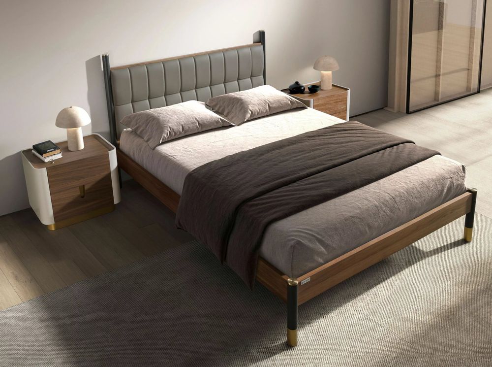 Night tables - Bedside table walnut, beige, golden polished steel and walnut top - ANGEL CERDÁ