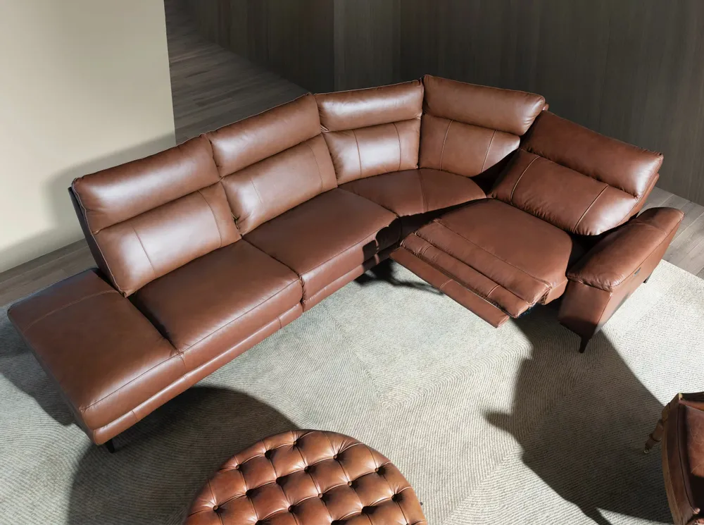 Sofas - Left chaise longue sofa in brown tobacco leather - ANGEL CERDÁ