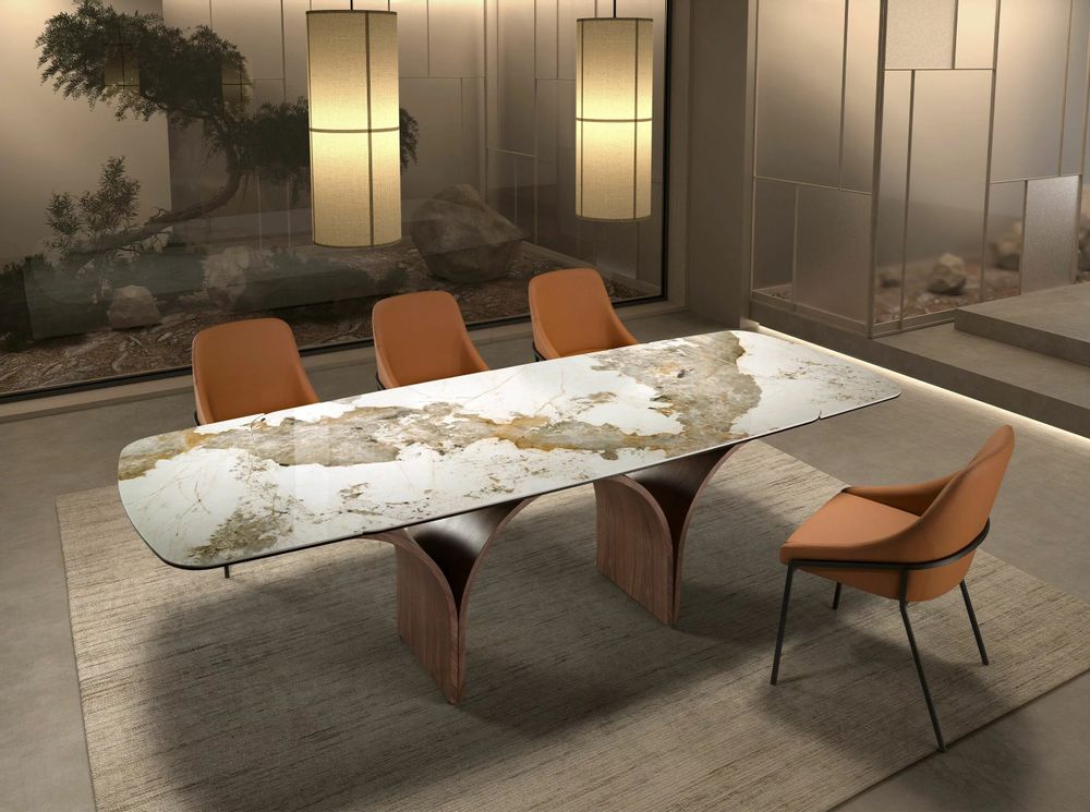 Tables Salle à Manger - Rectangular extending dining table in porcelain marble and walnut effe - ANGEL CERDÁ